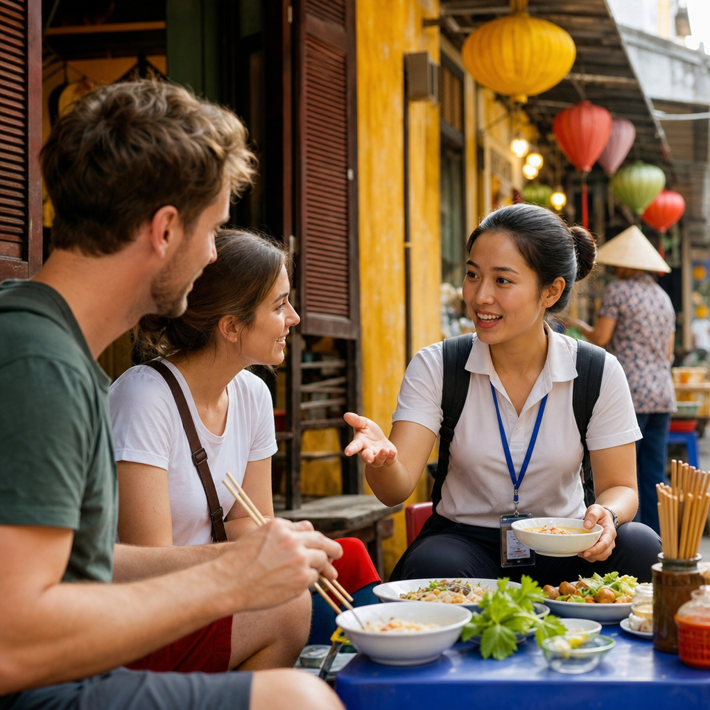 Local guide helping travelers explore Vietnamese street food and culture in Hanoi