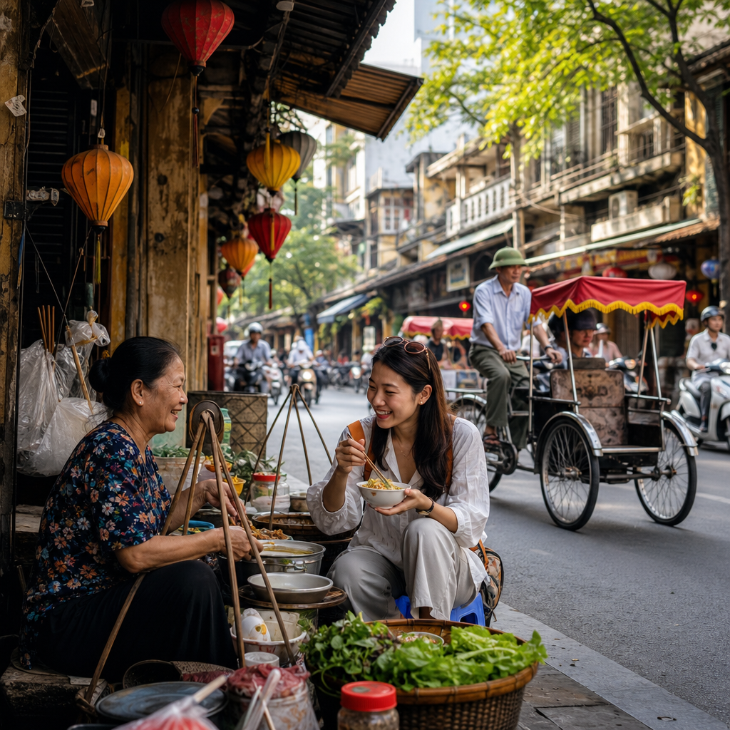 Visitors enjoying Vietnamese street food and Hanoi cultural sights in the Old Quarter