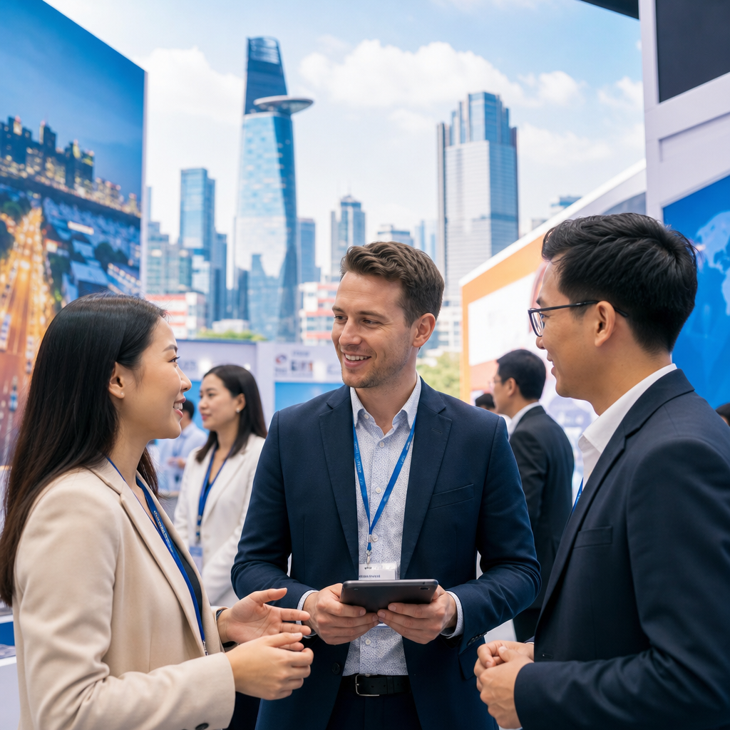 Interpreter helping an overseas buyer speak with suppliers at a Ho Chi Minh City exhibition