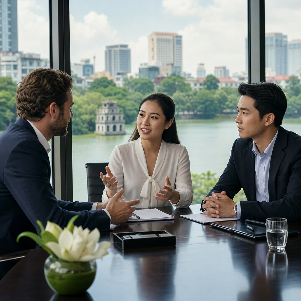 Business representatives reviewing documents with a Vietnamese interpreter during a confidential meeting