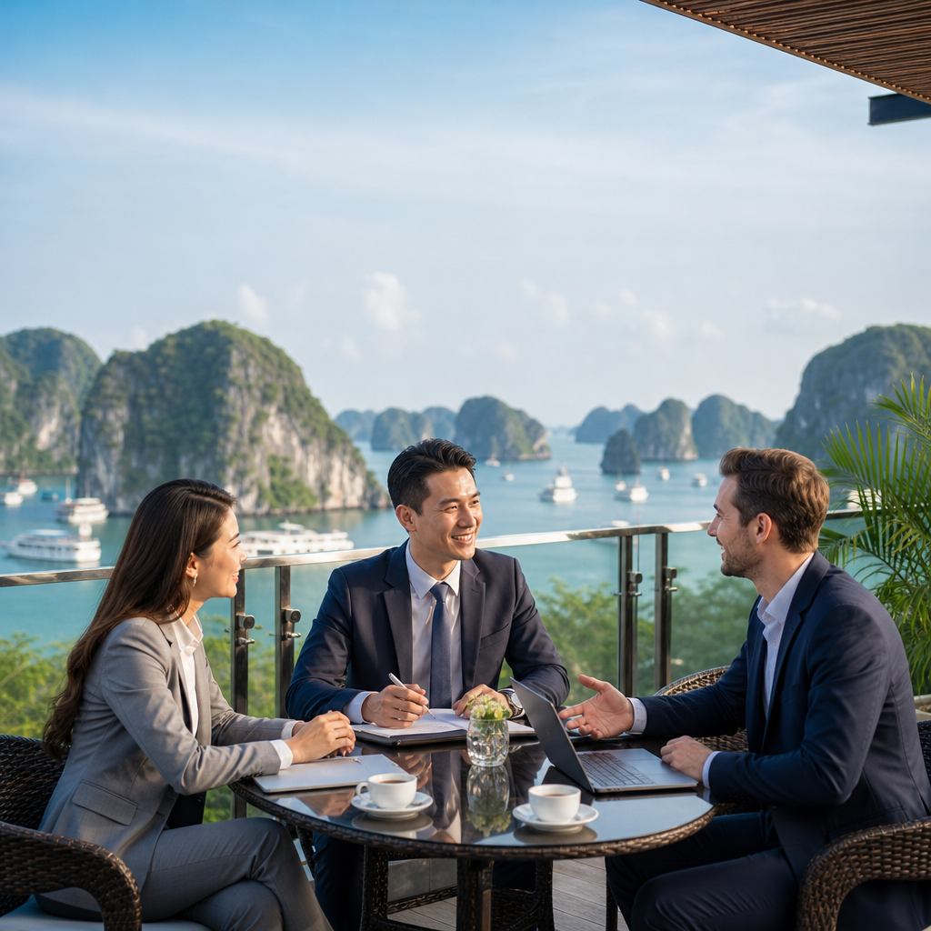 Interpreter-companion helping an international business traveler navigate a Vietnam meeting