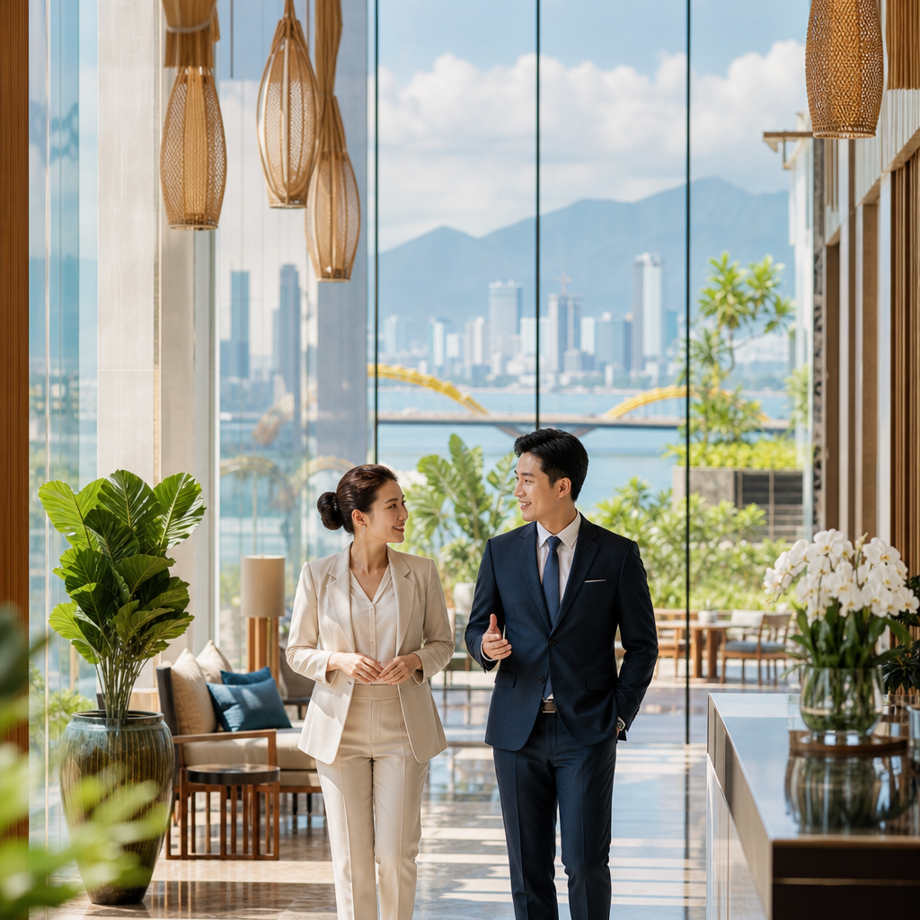 International traveler meeting Da Nang hospitality operators during a hotel site visit