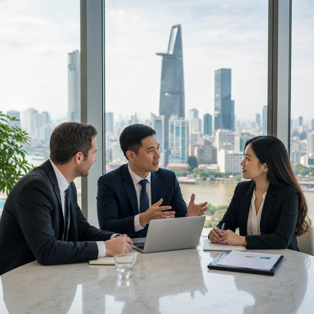 Interpreter supporting foreign investors during a Vietnam manufacturing due diligence meeting